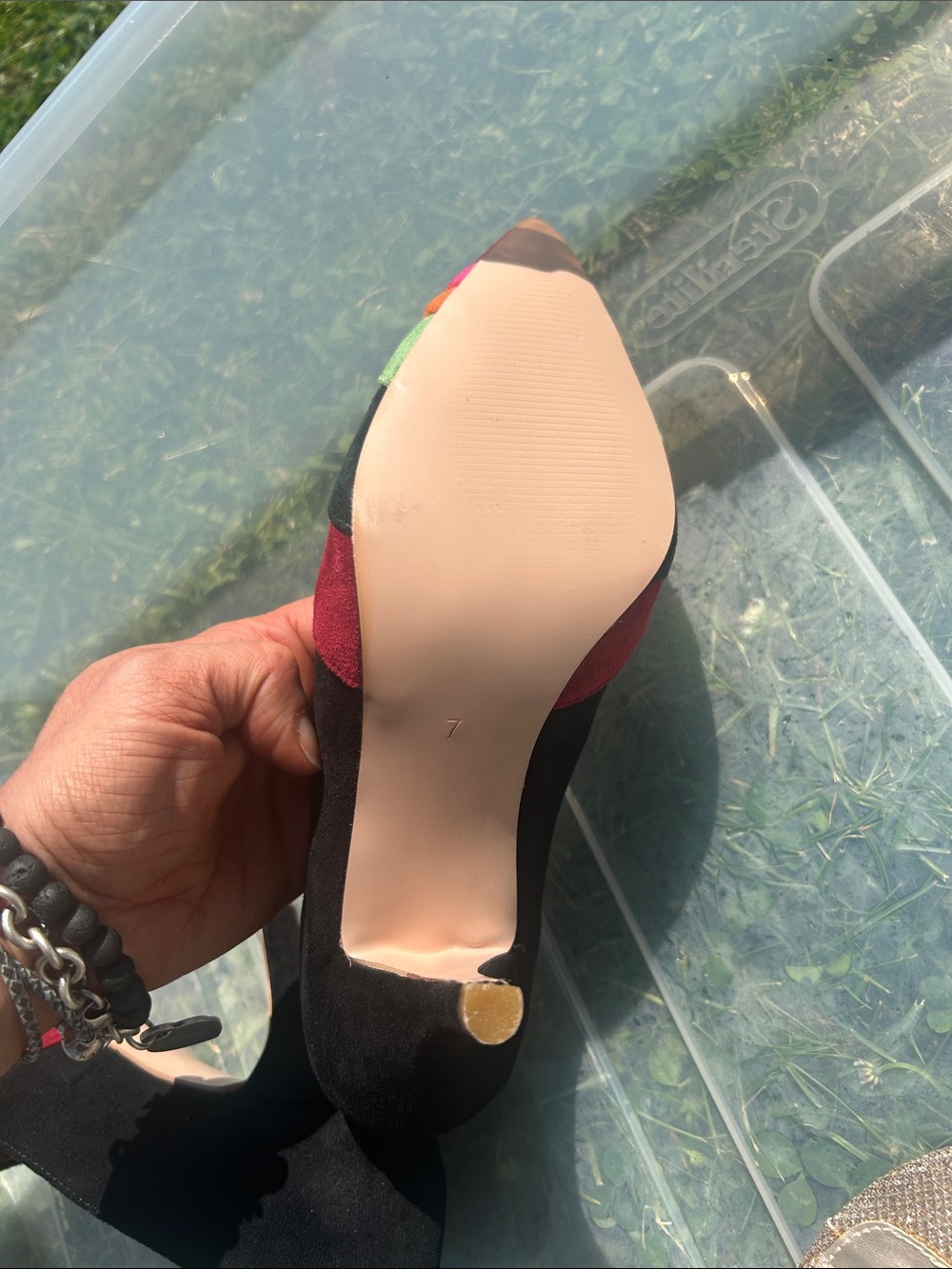 Women’s Pointed Toe Colorblock Pumps - Black with Pink/Red/Green/Orange Accents - Picture 2 of 2